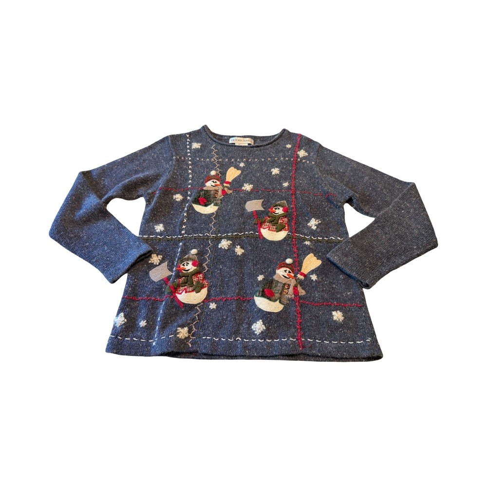 Victoria Jones Vtg Snowman Embroidered Blue Angora Blend Sweater S Roll Collar